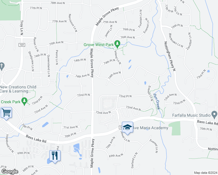 map of restaurants, bars, coffee shops, grocery stores, and more near 7322 Jewel Lane North in Osseo