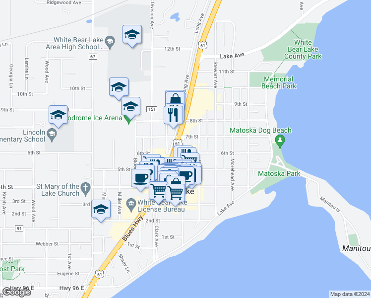 map of restaurants, bars, coffee shops, grocery stores, and more near 2205 5th Street in White Bear Lake