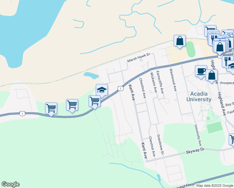 map of restaurants, bars, coffee shops, grocery stores, and more near 679 Main Street in Wolfville