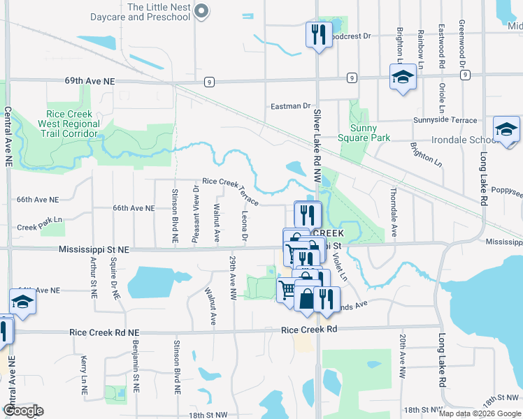 map of restaurants, bars, coffee shops, grocery stores, and more near 2663 Rice Creek Terrace in New Brighton