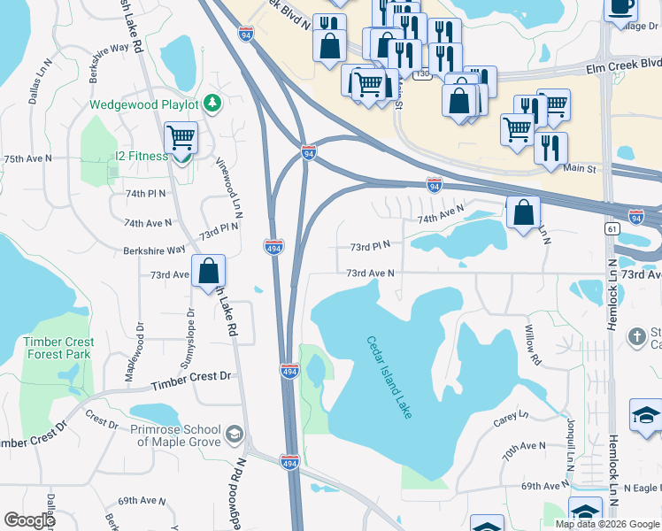 map of restaurants, bars, coffee shops, grocery stores, and more near 12961 73rd Avenue North in Maple Grove