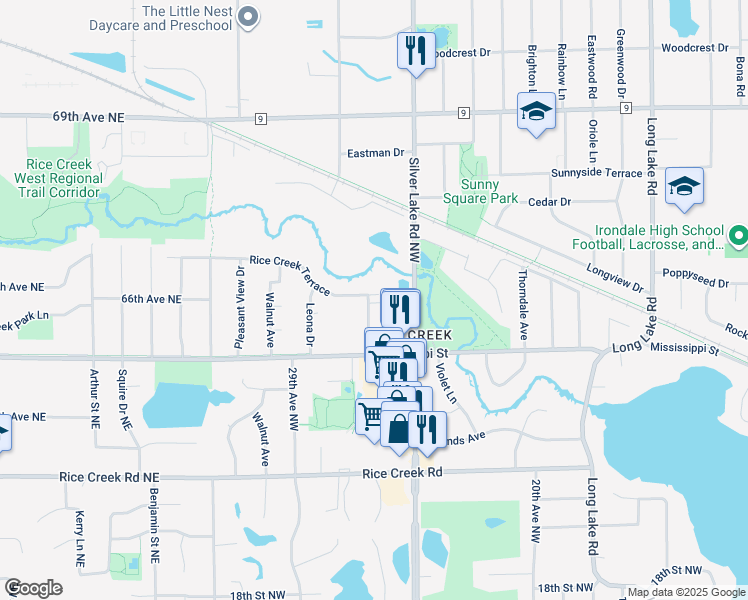map of restaurants, bars, coffee shops, grocery stores, and more near 2580 22nd Terrace Northwest in New Brighton