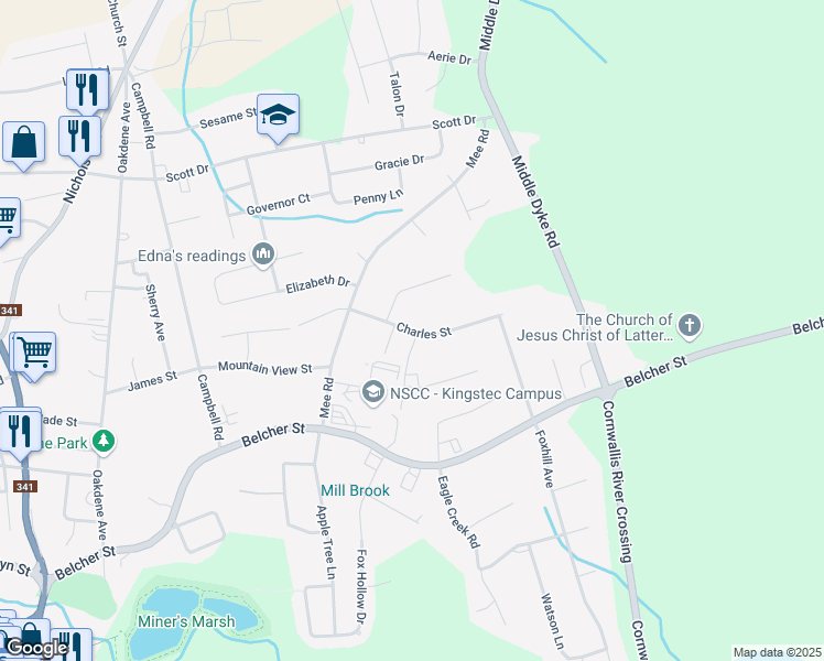 map of restaurants, bars, coffee shops, grocery stores, and more near 925 Charles Street in Kentville