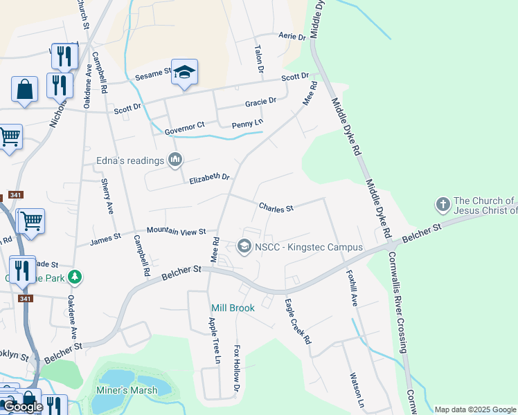 map of restaurants, bars, coffee shops, grocery stores, and more near 935 Charles Street in Kentville