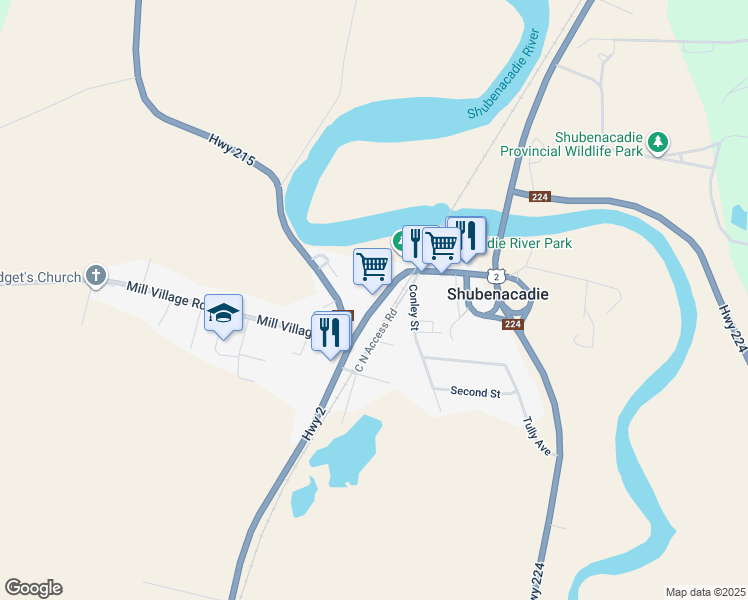 map of restaurants, bars, coffee shops, grocery stores, and more near 2838 Nova Scotia 2 in Shubenacadie