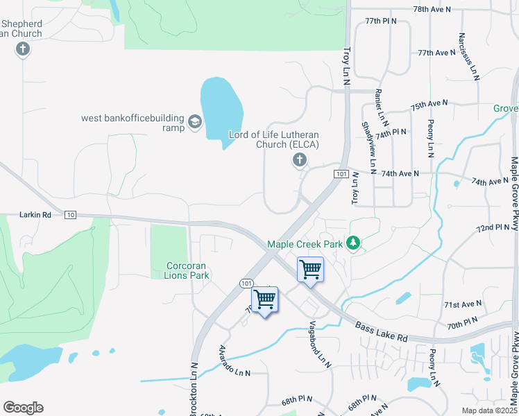map of restaurants, bars, coffee shops, grocery stores, and more near 7228 Co Road in Maple Grove