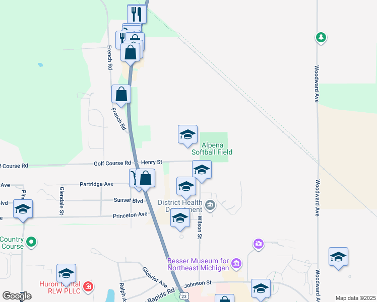 map of restaurants, bars, coffee shops, grocery stores, and more near 444 Wilson Street in Alpena