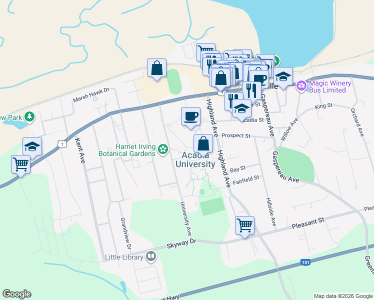map of restaurants, bars, coffee shops, grocery stores, and more near in Wolfville