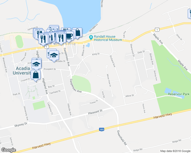 map of restaurants, bars, coffee shops, grocery stores, and more near 13 Kinley Close in Wolfville