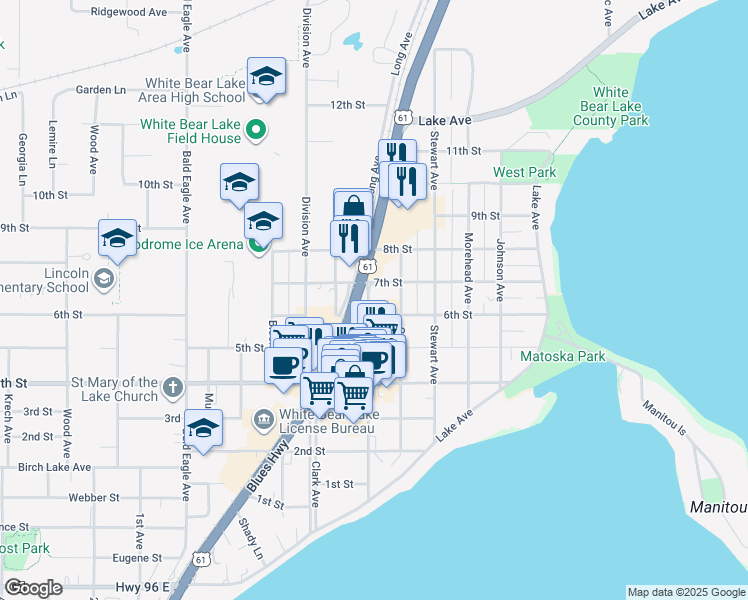 map of restaurants, bars, coffee shops, grocery stores, and more near 4862 Banning Avenue in White Bear Lake