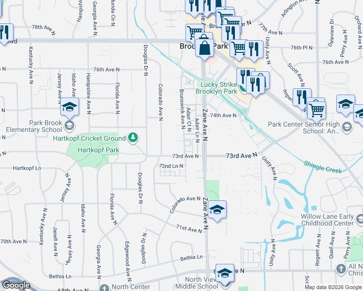 map of restaurants, bars, coffee shops, grocery stores, and more near 7333 Brunswick Avenue North in Minneapolis