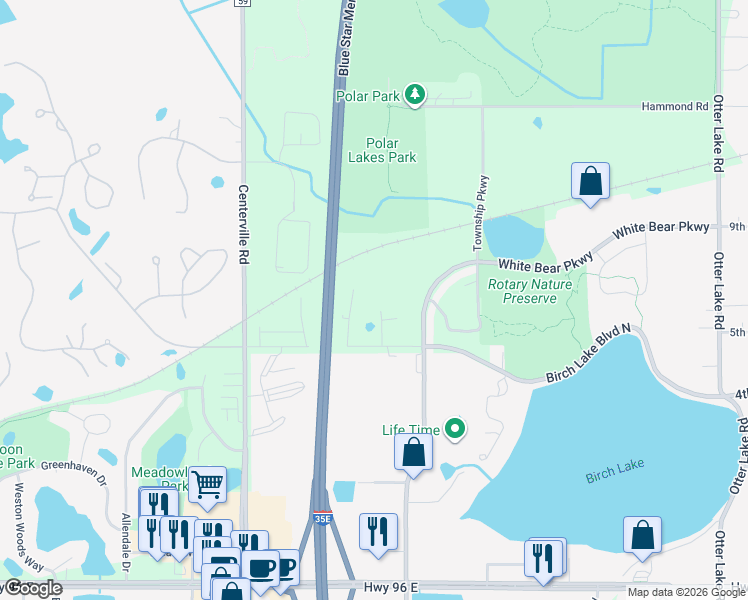 map of restaurants, bars, coffee shops, grocery stores, and more near 1185 Birch Lake Boulevard North in Ramsey County