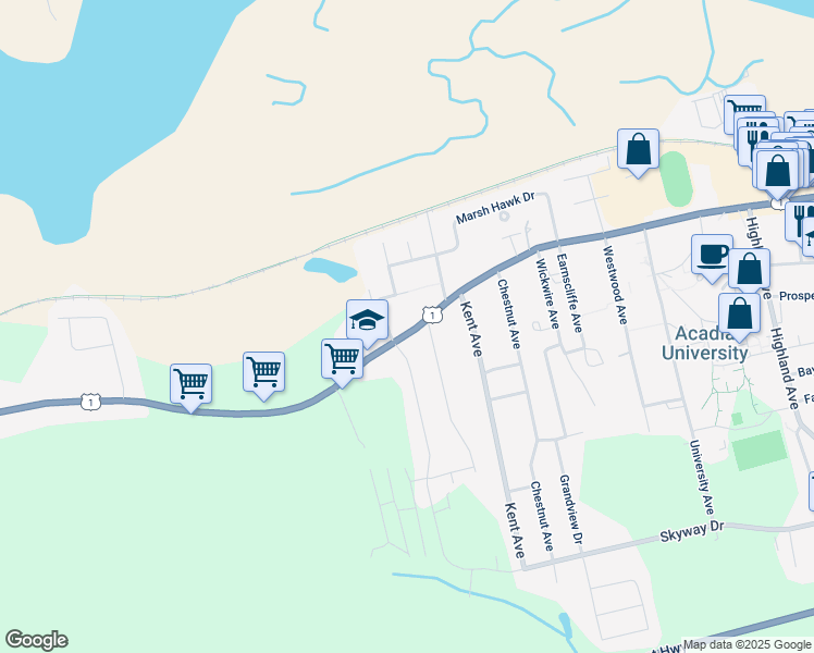 map of restaurants, bars, coffee shops, grocery stores, and more near 684 Main Street in Wolfville