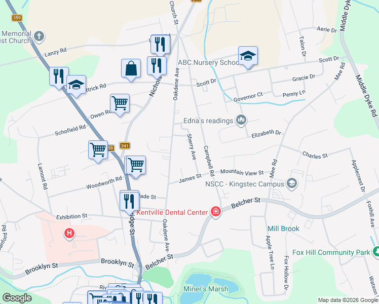 map of restaurants, bars, coffee shops, grocery stores, and more near 21 Sherry Avenue in Kentville