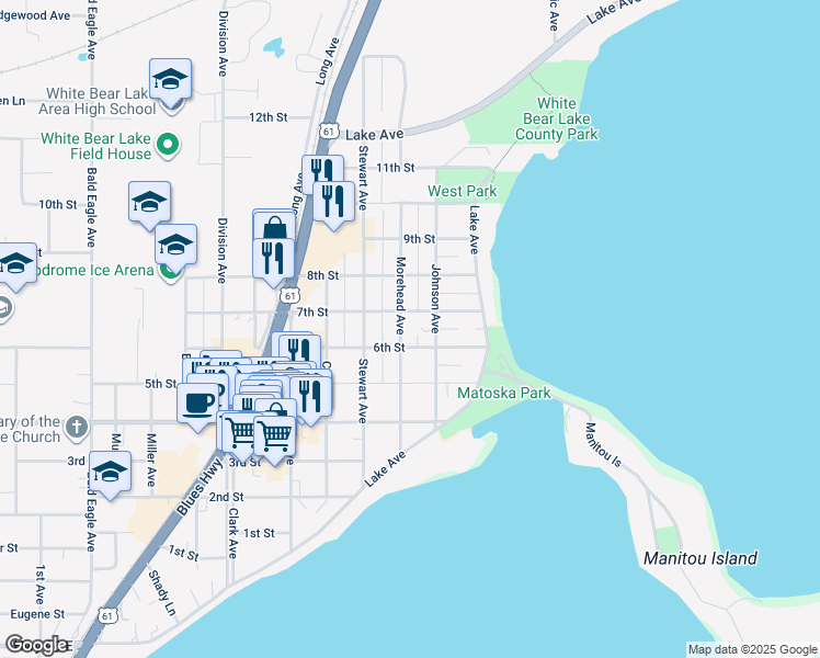 map of restaurants, bars, coffee shops, grocery stores, and more near 2291 7th Street in White Bear Lake