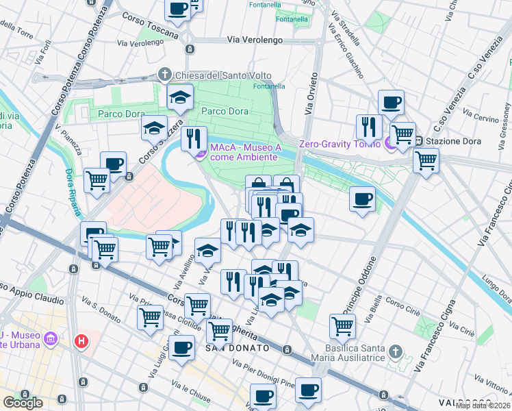 map of restaurants, bars, coffee shops, grocery stores, and more near 7 Via Antonello da Messina in Torino