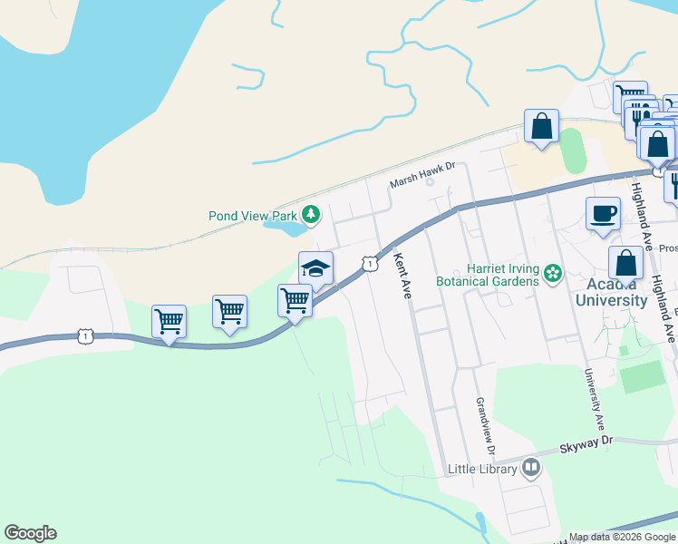 map of restaurants, bars, coffee shops, grocery stores, and more near 16 Whidden Avenue in Wolfville