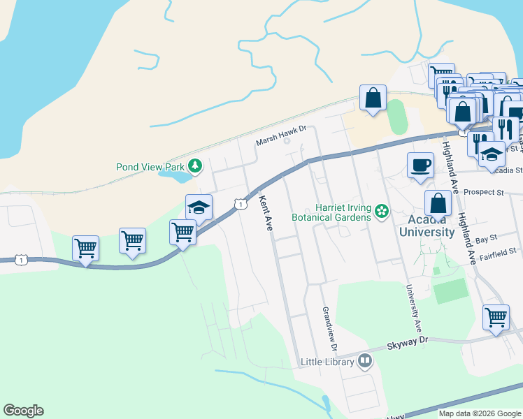 map of restaurants, bars, coffee shops, grocery stores, and more near 1 Kent Avenue in Wolfville
