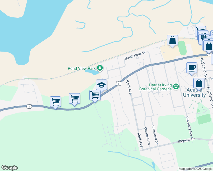 map of restaurants, bars, coffee shops, grocery stores, and more near 18 Whidden Avenue in Wolfville