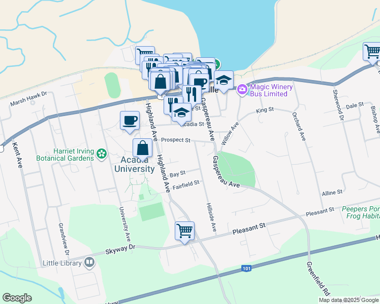 map of restaurants, bars, coffee shops, grocery stores, and more near 4 Hillside Avenue in Wolfville