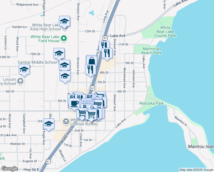 map of restaurants, bars, coffee shops, grocery stores, and more near 4848 Cook Avenue in White Bear Lake