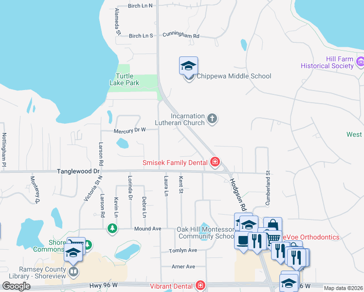 map of restaurants, bars, coffee shops, grocery stores, and more near 4876 Kent Drive in Shoreview