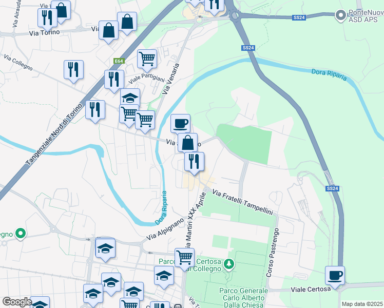 map of restaurants, bars, coffee shops, grocery stores, and more near 7 Via Sebusto in Collegno