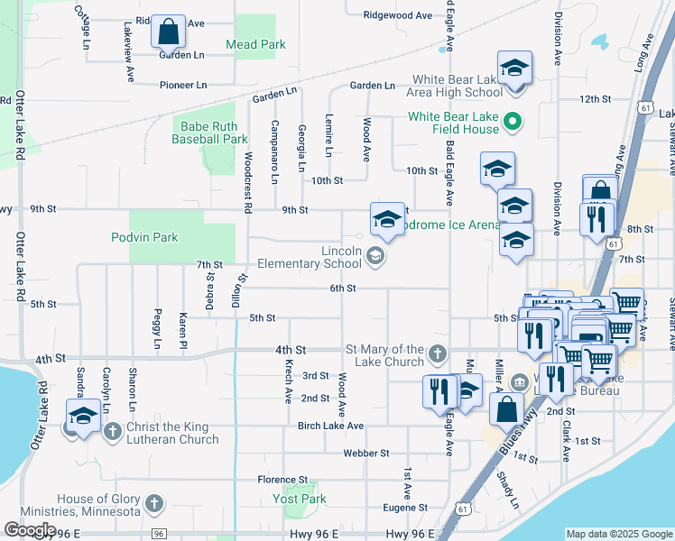 map of restaurants, bars, coffee shops, grocery stores, and more near 1892 7th Street in White Bear Lake