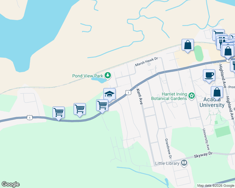 map of restaurants, bars, coffee shops, grocery stores, and more near 18 Whidden Avenue in Wolfville