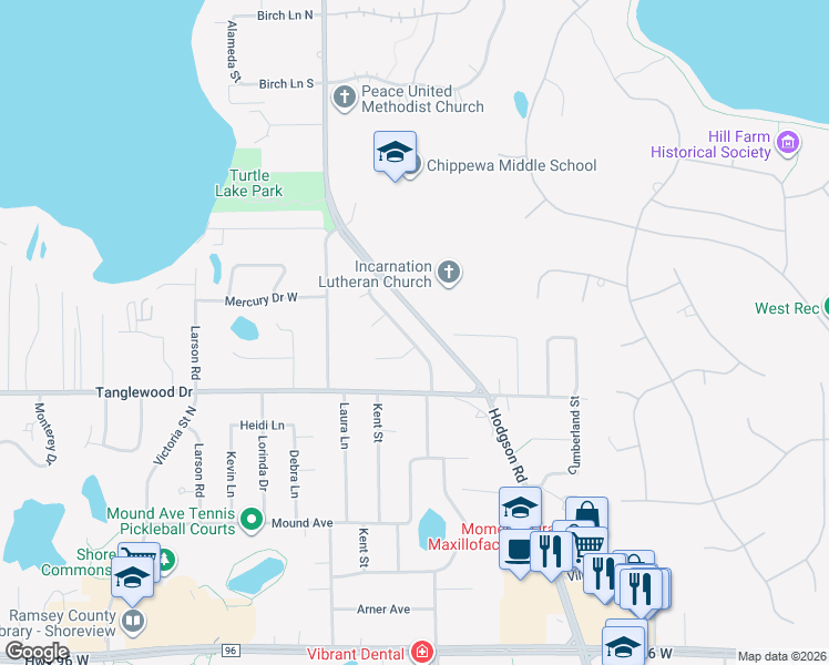 map of restaurants, bars, coffee shops, grocery stores, and more near 4854 Kent Drive in Shoreview