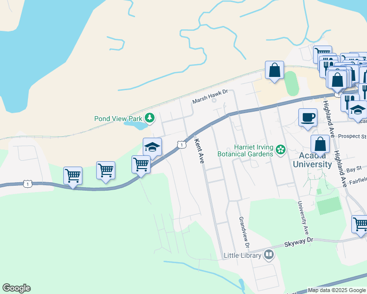 map of restaurants, bars, coffee shops, grocery stores, and more near 669 Main Street in Wolfville