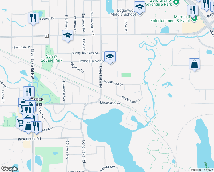 map of restaurants, bars, coffee shops, grocery stores, and more near 1631 Poppyseed Drive in New Brighton