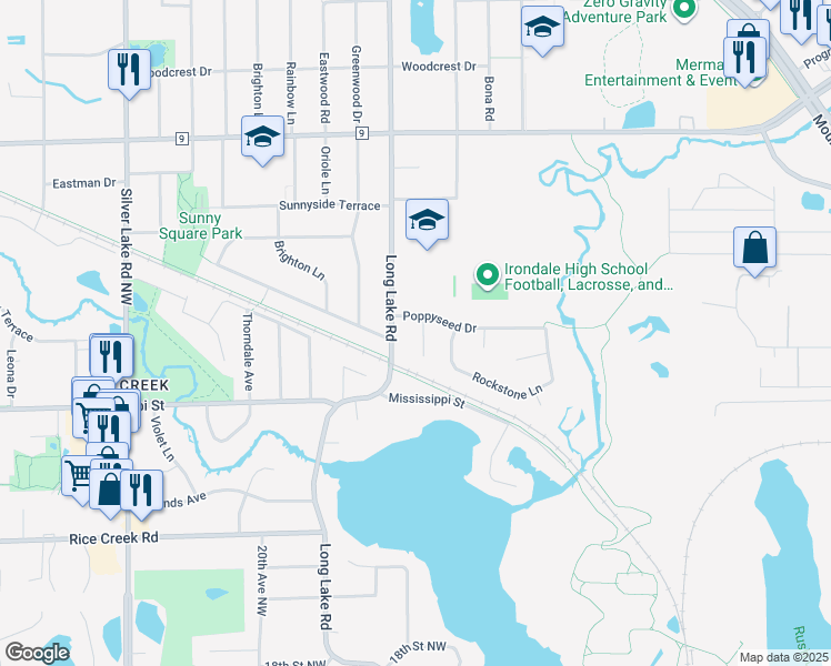 map of restaurants, bars, coffee shops, grocery stores, and more near 1631 Poppyseed Drive in New Brighton