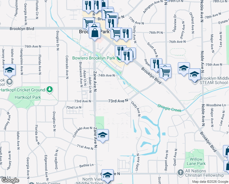 map of restaurants, bars, coffee shops, grocery stores, and more near 5700 73rd Avenue North in Brooklyn Park