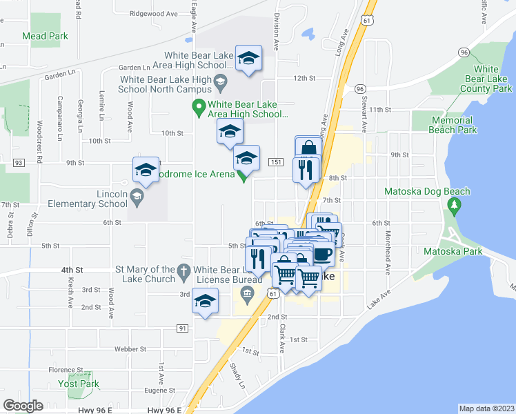 map of restaurants, bars, coffee shops, grocery stores, and more near 4852 Bloom Avenue in White Bear Lake