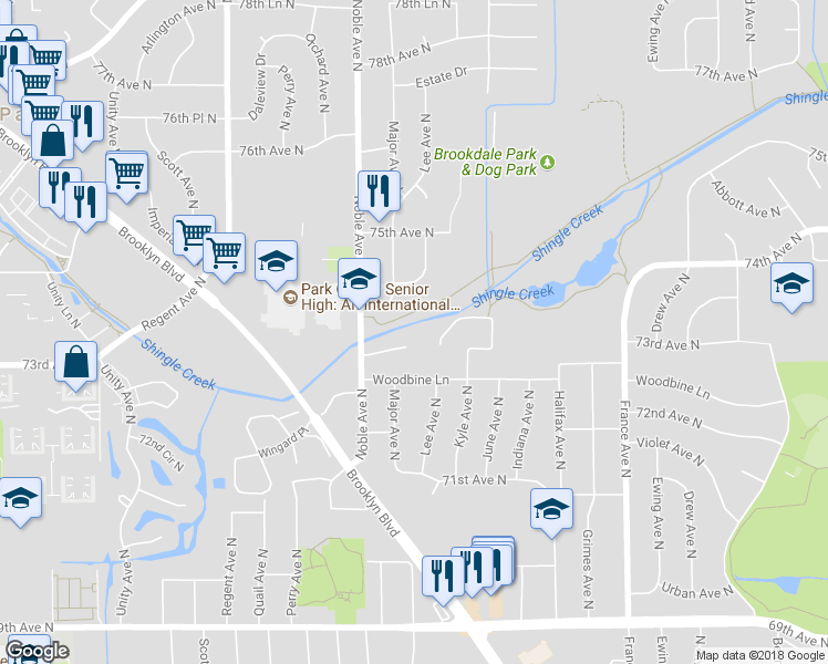 map of restaurants, bars, coffee shops, grocery stores, and more near 7324 Noble Court North in Minneapolis