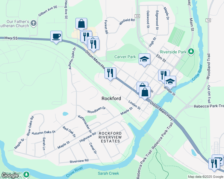 map of restaurants, bars, coffee shops, grocery stores, and more near 5820 Tower Street in Rockford
