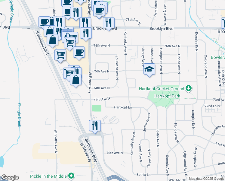 map of restaurants, bars, coffee shops, grocery stores, and more near 7301 74th Avenue North in Minneapolis