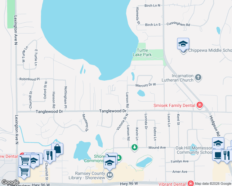 map of restaurants, bars, coffee shops, grocery stores, and more near 767 Lakeview Drive in Shoreview