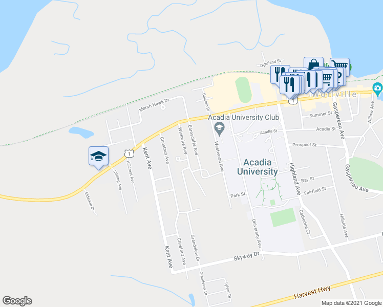 map of restaurants, bars, coffee shops, grocery stores, and more near 18 Earnscliffe Avenue in Wolfville