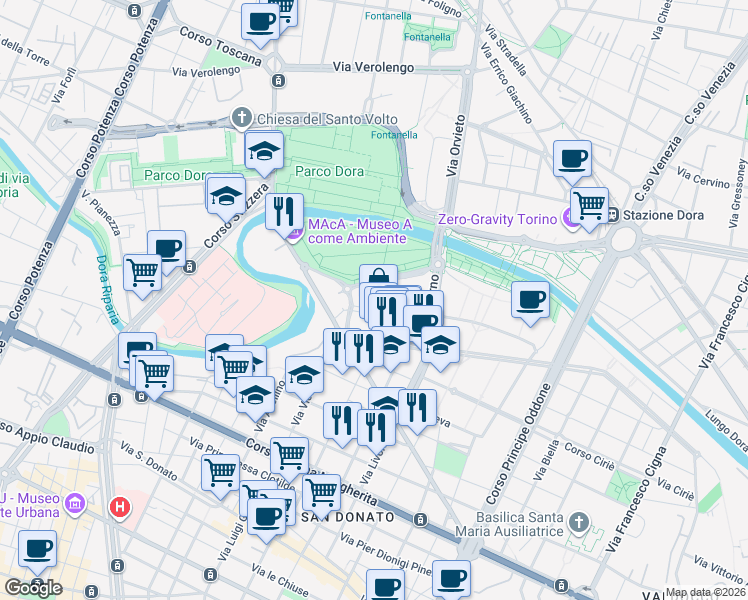 map of restaurants, bars, coffee shops, grocery stores, and more near Via Adolphe Daubrée in Turin