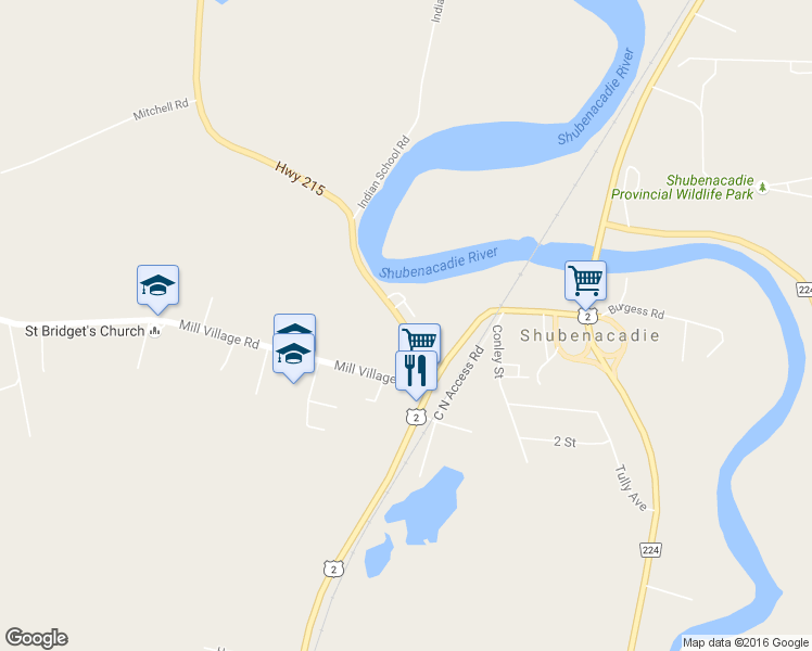 map of restaurants, bars, coffee shops, grocery stores, and more near 26 Nova Scotia 215 in Shubenacadie