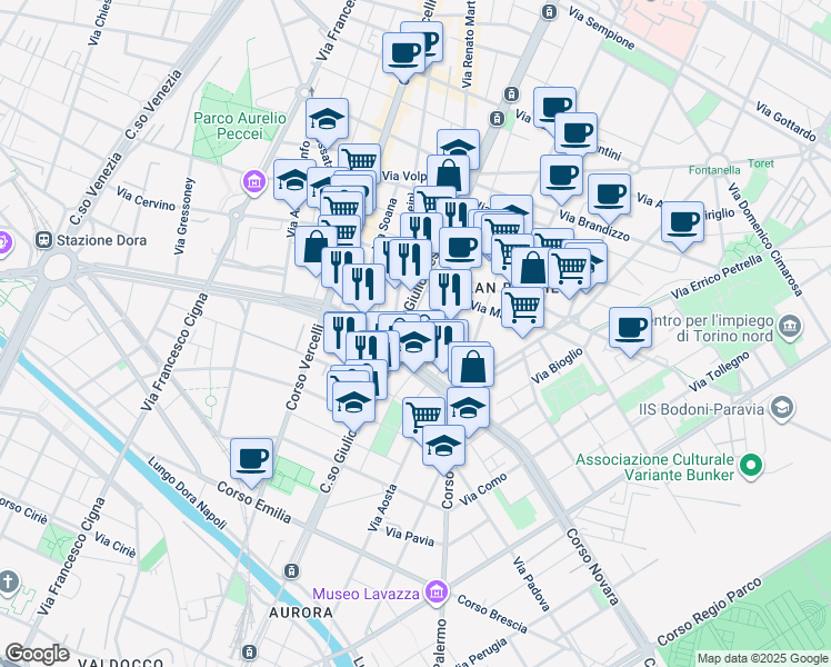 map of restaurants, bars, coffee shops, grocery stores, and more near 11 Via Lombardore in Torino