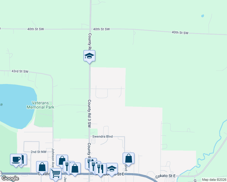 map of restaurants, bars, coffee shops, grocery stores, and more near 335 Field Crest Boulevard Northeast in Cokato