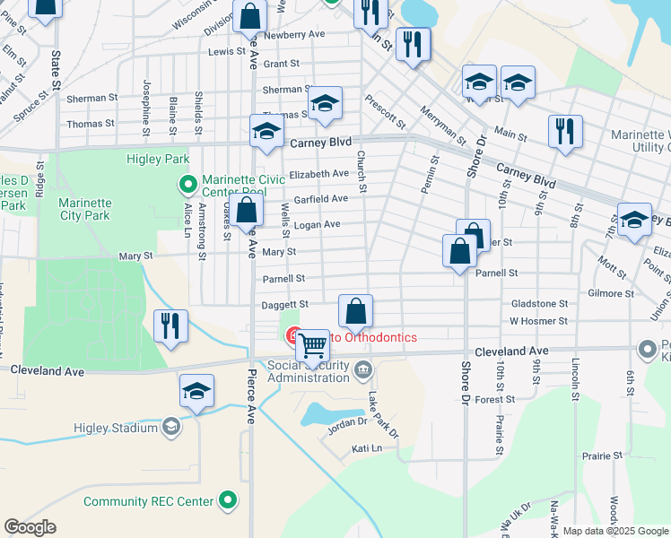 map of restaurants, bars, coffee shops, grocery stores, and more near 1433 Mary Street in Marinette