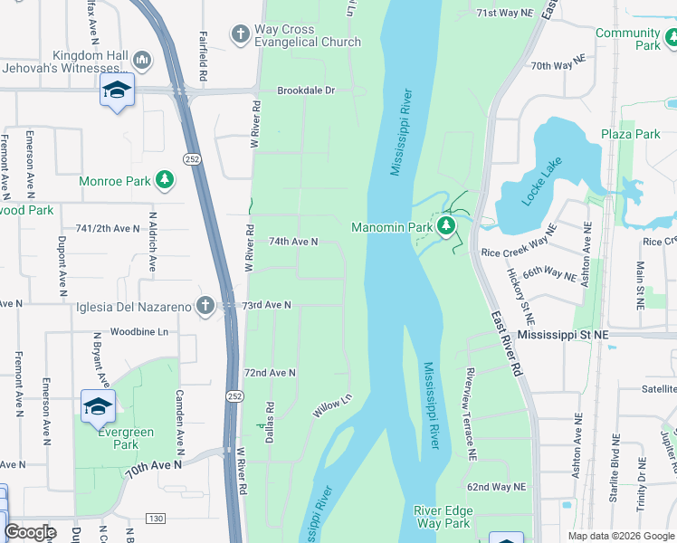 map of restaurants, bars, coffee shops, grocery stores, and more near 7336 Willow Lane in Brooklyn Park