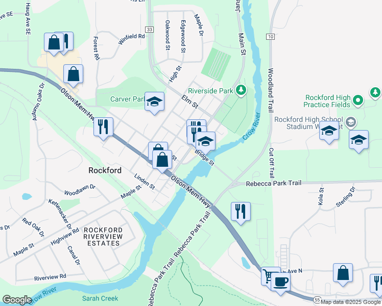 map of restaurants, bars, coffee shops, grocery stores, and more near in Rockford