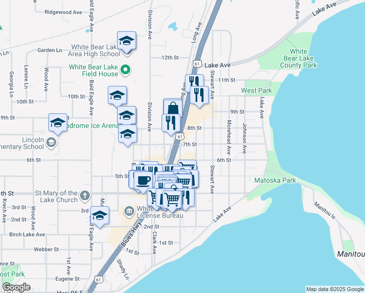 map of restaurants, bars, coffee shops, grocery stores, and more near 4862 Banning Avenue in White Bear Lake