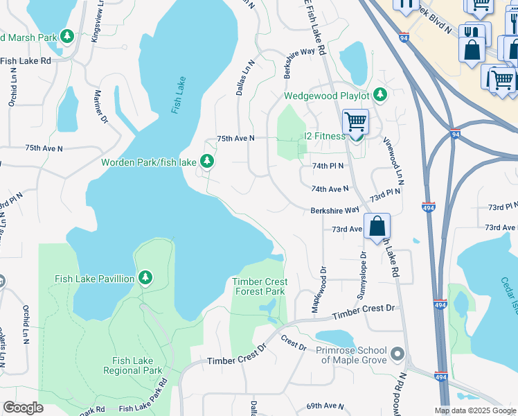 map of restaurants, bars, coffee shops, grocery stores, and more near 7352 Berkshire Court in Osseo