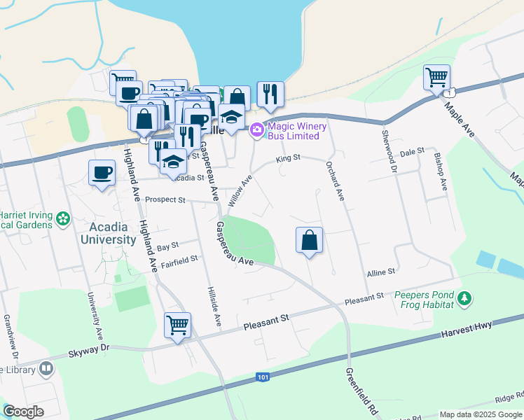 map of restaurants, bars, coffee shops, grocery stores, and more near 10 Blomidon Terrace in Wolfville